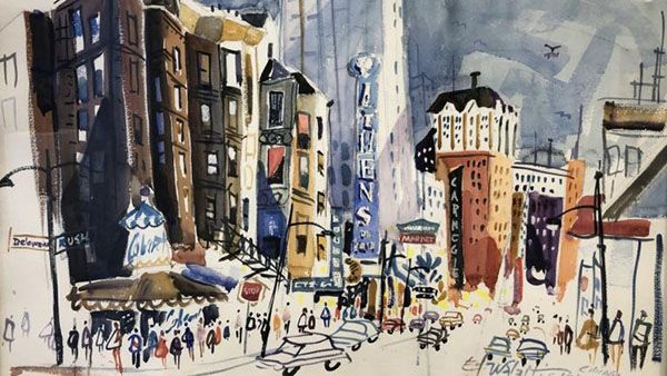 Artwork on display in “beLONGING: Lithuanian Artists in Chicago — 1900 to Now,” an exhibit at the Balzekas Museum of Lithuanian Culture. (Marc Vitali / WTTW News) A painting in muted colors by a Lithuanian artist depicting a city street